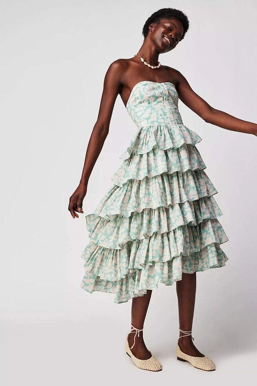 New Free People $375 Desert Queen Cleo Bustier Dress Size 0 Tiered Midi